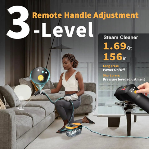 Chowerfly Handheld Steam Cleaner For Home Cleaning with 3 level adjustable handle, being used on couch upholstery.