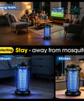 Outdoor Bug Zapper Plug In Electric Mosquito Killer With 15W UV Light And 4200V Grid For Home Patio Backyard On Off Switch Mosquito Traps That Instantly Zap Bugs Black, visible in living room, bedroom, and kitchen settings.