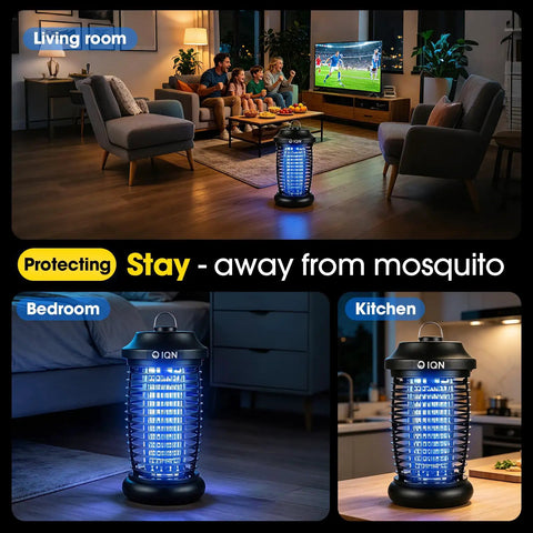 Outdoor Bug Zapper Plug In Electric Mosquito Killer With 15W UV Light And 4200V Grid For Home Patio Backyard On Off Switch Mosquito Traps That Instantly Zap Bugs Black, visible in living room, bedroom, and kitchen settings.