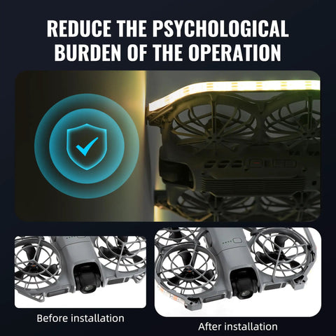 Neo2 Halo LED Light Strip For DJI Neo 2 Drone With RGB Night Lighting shown before and after installation on drone frame.