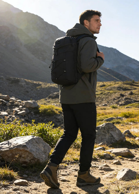 Man hiking with Lightweight Insulated Hydration Backpack With 2L Or 3L Water Bladder For Hiking, Trail Running, Cycling And Race Day