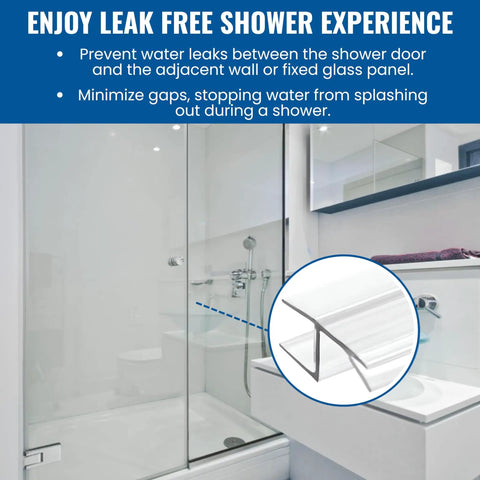 Bulletproof Leak Blocker For Frameless Shower Door Side Seal Strip With H Jamb Vinyl Insert 95 Inch Long Ultra Clear Pvc shown in a modern bathroom, preventing water leaks.
