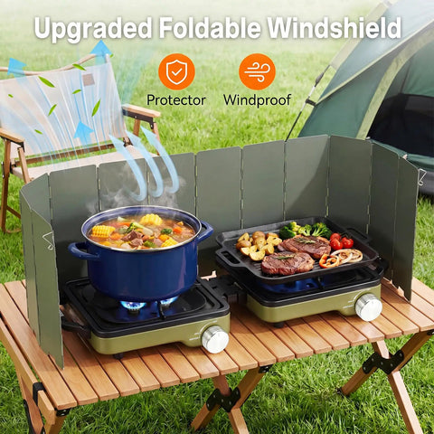 Two-Burner Propane Camping Stove With Windshield, 30000 BTU, Foldable Design cooking on campsite table