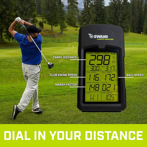 Man swinging a golf club with Launch Master monitor displaying swing metrics, part of Launch Master Golf Swing Trainer Bundle With Net Practice Mat And Launch Monitor For Indoor Golf Setup Real Time Swing Metrics Speed Club Path And Shot Feedback.