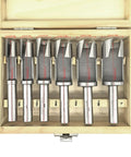 Heavy Duty Forstner Bit Set Six Piece Woodworking Plug Cutters High Speed Carbon Steel in wooden storage box.