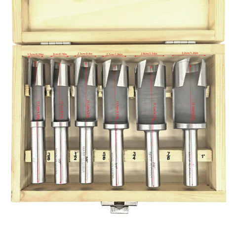 Heavy Duty Forstner Bit Set Six Piece Woodworking Plug Cutters High Speed Carbon Steel in wooden storage box.