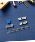 Fabric Cutting Fixture Flat Spring Holder Five Piece Pro Grade Set components on a blue surface
