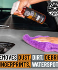 Meticulous Matte Detailer And Spray Sealant For Crisp Satin And Matte Finishes Safe For OEM Vinyl And Painted Matte Surfaces 32 Fl Oz Easy Spray Application Non Greasy Matte Coating Streak Free Protection For Your Daily Driver shown being applied to a car hood with a purple towel