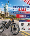 Heavy Duty Dual Motor Electric Bike For Adults parked by scenic road with landmarks, advertising Independence Day Sale.