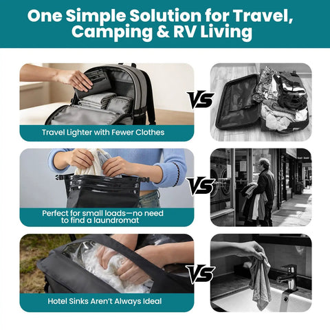 Comparison of portable travel laundry washing bag for camping cruise van life, illustrating easy hand washing options.