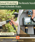 Person adjusting Two Zone Sprinkler Timer with Brass Inlet for dual channel garden hose irrigation, holding a watering hose.