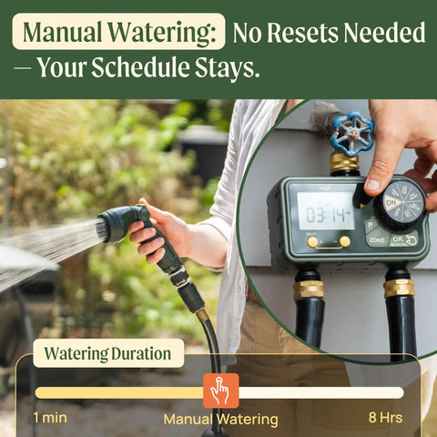 Person adjusting Two Zone Sprinkler Timer with Brass Inlet for dual channel garden hose irrigation, holding a watering hose.