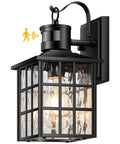 Black Motion Sensor Outdoor Porch Light With Dusk To Dawn Modern Wall Mount Sconce Waterproof Aluminum Anti Rust Exterior Lighting For Garage And Front Door No Fuss Setup Four Modes For Day And Night, shown with sensor and glass detail