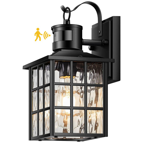 Black Motion Sensor Outdoor Porch Light With Dusk To Dawn Modern Wall Mount Sconce Waterproof Aluminum Anti Rust Exterior Lighting For Garage And Front Door No Fuss Setup Four Modes For Day And Night, shown with sensor and glass detail