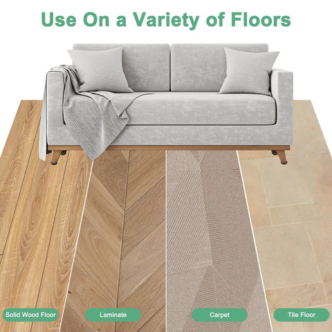 Heavy Duty Self Stick Furniture Sliders 24 Pack Black Eva Foam Felt Pads shown on hardwood, carpet, and tile flooring.