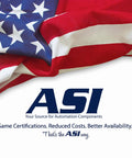 American flag with ASI logo and tagline "Your Source for Automation Components" above text about certifications and availability.