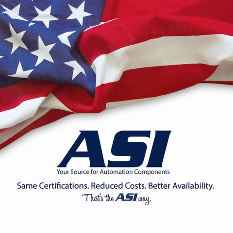 American flag with ASI logo and tagline "Your Source for Automation Components" above text about certifications and availability.
