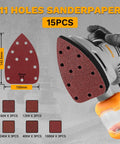 Detail Sander For Precise Handheld Work 1.5A Mouse Palm Corded Sander with 15pc 11-hole sandpaper pack shown