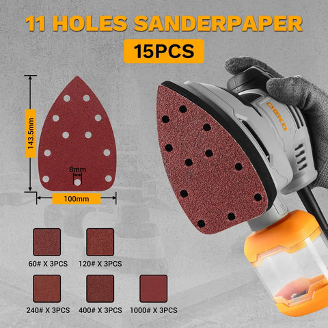 Detail Sander For Precise Handheld Work 1.5A Mouse Palm Corded Sander with 15pc 11-hole sandpaper pack shown