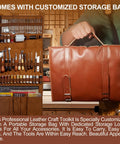 Leather Tooling Kit For Leather Craft Enthusiasts 588Pcs DIY Set With Handbag Case displayed with tools and storage bag