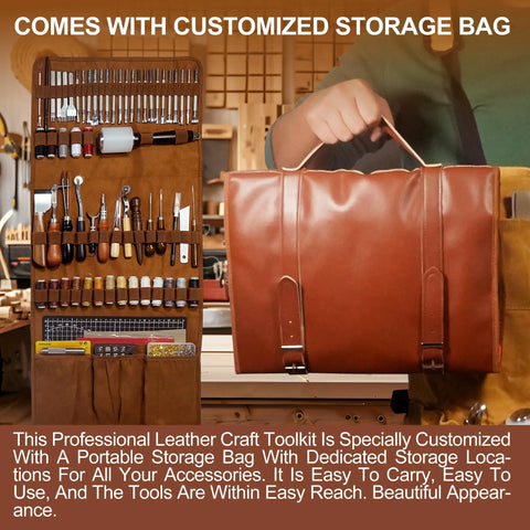 Leather Tooling Kit For Leather Craft Enthusiasts 588Pcs DIY Set With Handbag Case displayed with tools and storage bag