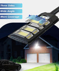 Built Tough Heavy Duty Solar Outdoor Flood Lights With Smart Motion Sensor And Dusk To Dawn Automatic Activation And Ultra Bright IP66 Waterproof Wireless Security Spotlights For Backyard Gate Driveway showing three-side design for wide-angle coverage.