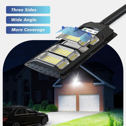 Built Tough Heavy Duty Solar Outdoor Flood Lights With Smart Motion Sensor And Dusk To Dawn Automatic Activation And Ultra Bright IP66 Waterproof Wireless Security Spotlights For Backyard Gate Driveway showing three-side design for wide-angle coverage.