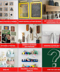 Collage of home decor ideas: frames, blackboards, key hangers, posters, vases, towel racks, shelves, storage solutions.