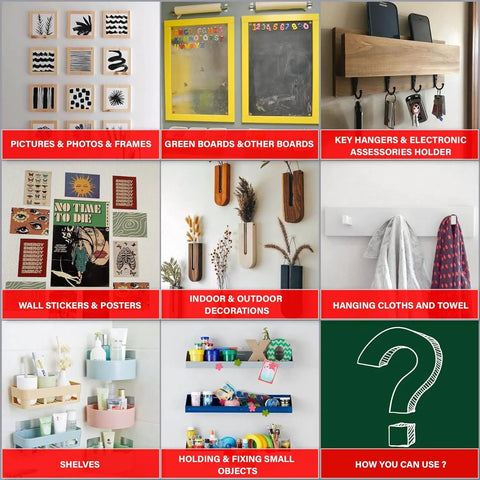 Collage of home decor ideas: frames, blackboards, key hangers, posters, vases, towel racks, shelves, storage solutions.