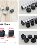 Six Pack 1.1 Inch Thread Tube Plugs With M8 Screw Holes, black plastic furniture leg plugs shown with dimensions and sizes.