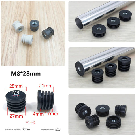 Six Pack 1.1 Inch Thread Tube Plugs With M8 Screw Holes, black plastic furniture leg plugs shown with dimensions and sizes.