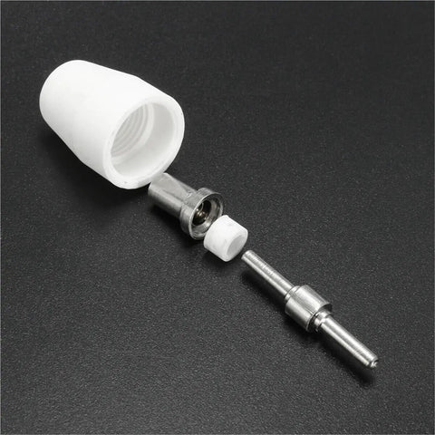 Top view of white ceramic shield cup and metal tip for plasma cutter, compatible with Get A Killer Plasma Cutter Set With Top Tier Electrodes Tips Shield Cups Plus Gas Rings For PT-31 JG-40 Machines To Keep Your 40A Cuts Slicke.