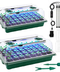 Two-pack 80-cell seed starter tray kit with plug-and-play grow lights, humidity dome, base, smart timer, tools, and labels displayed