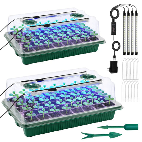 Two-pack 80-cell seed starter tray kit with plug-and-play grow lights, humidity dome, base, smart timer, tools, and labels displayed