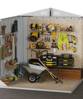 Interior view of Heavy Duty Outdoor Tool Shed With Lockable Doors, 6.2x4 Ft Galvanized Steel Storage, organized tools, and gear.