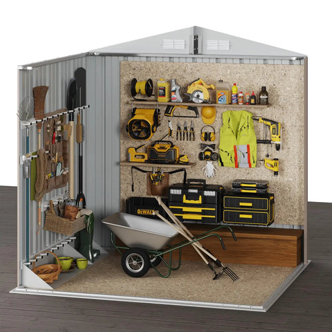 Interior view of Heavy Duty Outdoor Tool Shed With Lockable Doors, 6.2x4 Ft Galvanized Steel Storage, organized tools, and gear.