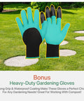 Two heavy-duty gardening gloves with turquoise and black design, shown on a grassy garden path background.