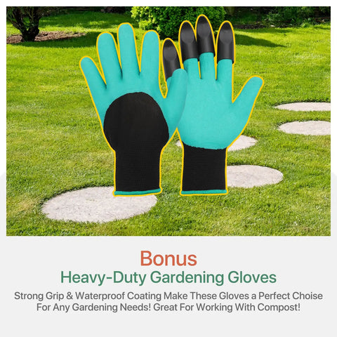 Two heavy-duty gardening gloves with turquoise and black design, shown on a grassy garden path background.