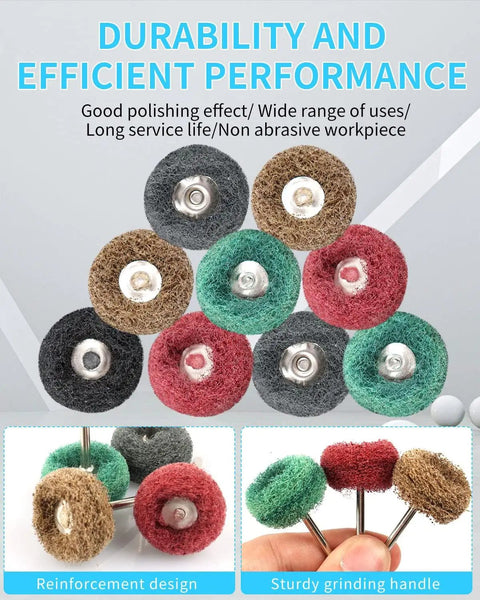 50 Piece Pro Grade Abrasive Buffing Wheel Set For Rotary Tools showing various 25mm polishing wheels and durability text