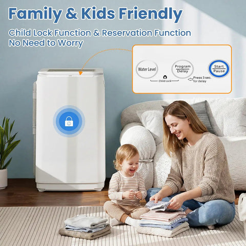 Mom and child beside compact full automatic top load washing machine with child lock and controls, ideal for family laundry.