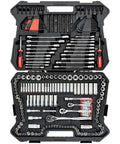 Open case of Pro-Grade 233-Piece Mechanics Tool Set With SAE And Metric Wrenches, Quick-Release 90-Tooth Ratchets visible.