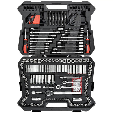 Open case of Pro-Grade 233-Piece Mechanics Tool Set With SAE And Metric Wrenches, Quick-Release 90-Tooth Ratchets visible.