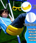 Child on yellow double-walled swing from Heavy Duty Outdoor Metal Swing Set With A 5 Foot Slide Teeter Totter For Two Two Person Swing Standing Swing Roman Glider Swing Trapeze Bar And Glide Ride Backyard Playground For Up To Ten Kids Kid Approved Backyard Fun.