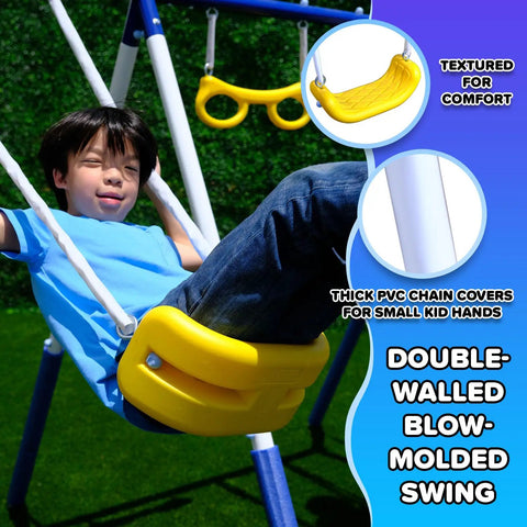 Child on yellow double-walled swing from Heavy Duty Outdoor Metal Swing Set With A 5 Foot Slide Teeter Totter For Two Two Person Swing Standing Swing Roman Glider Swing Trapeze Bar And Glide Ride Backyard Playground For Up To Ten Kids Kid Approved Backyard Fun.