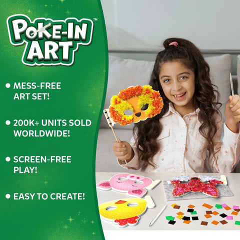 Young girl using Poke In Art Animal Masks Craft Kit With 800 Plus Fabric Squares And 6 Foam Masks Mess Free Sewing Activity For Kids Ages 4 5 6 7 8 9 A Fun Creative Gift For Girls And Boys Who Love Hands On Arts And Imaginative Play And Kid Friendly Fun.