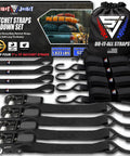 Heavy Duty Ratchet Tie Down Straps 4 Pack, 1 Inch By 15 Feet, 1,823 Pounds Break Strength, With Hooks And Handles, Built For Moving And Securing Cargo, Black displayed with packaging and carrying bag.