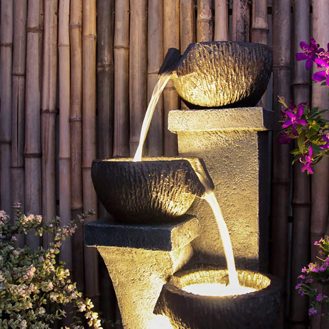 Four Bowl Outdoor Water Fountain With LED Lights Modern Polyresin Floor Fountain for garden with cascading water bowls at night