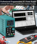 Adjustable DC Power Supply 0 To 30V 0 To 10A with 110V Input, four digit precision readout, shown in lab with laptop and tools
