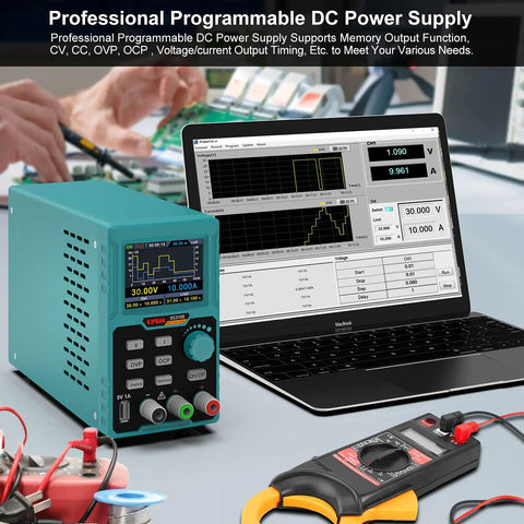 Adjustable DC Power Supply 0 To 30V 0 To 10A with 110V Input, four digit precision readout, shown in lab with laptop and tools