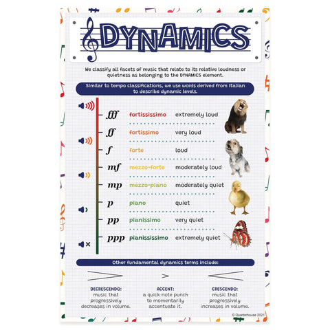 Dynamics poster, part of Six Poster Elements Of Music Set For Classrooms Rhythm Form Dynamics Melody Timbre Texture Posters 12 By 18 Inches Printed On High Grade Satin Paper Classroom Ready Learning Materials For K Through 12 Students And Teachers Made In USA, featuring dynamic levels.